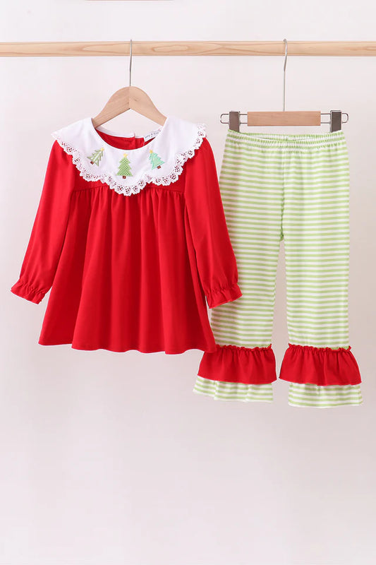 Christmas Tree Lace Neck Ruffle Pant Set
