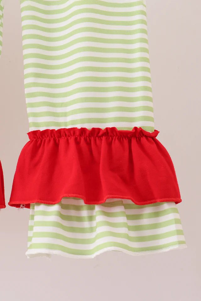 Christmas Tree Lace Neck Ruffle Pant Set